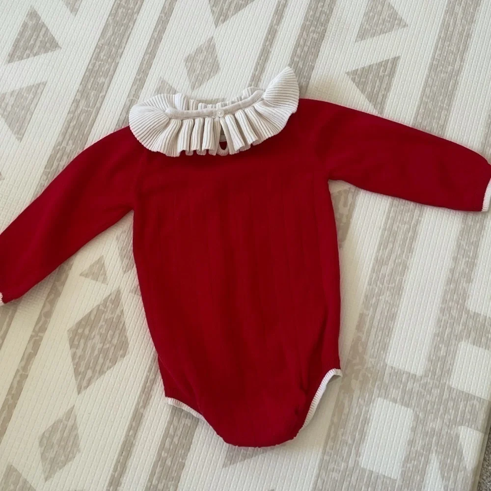Cat & Jack knit Christmas outfit onesie 12 month ruffle collar like new!